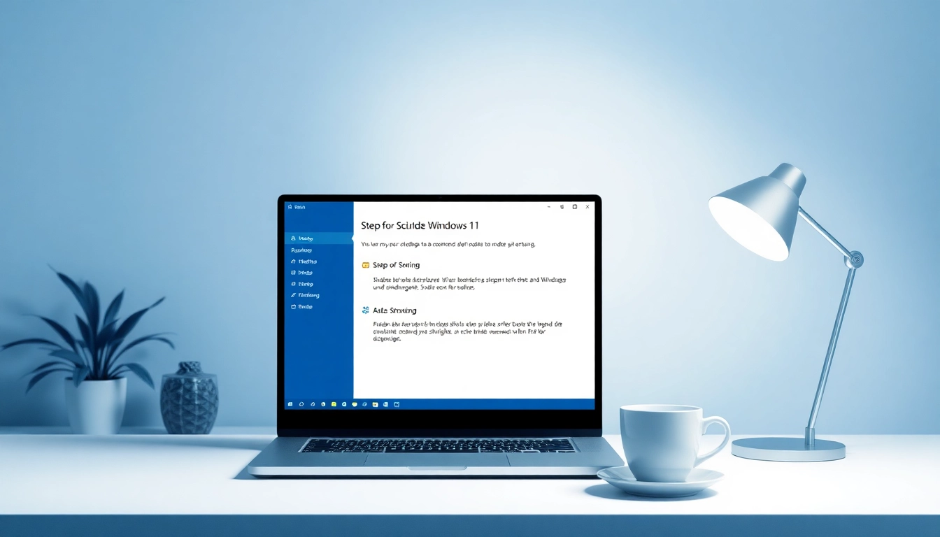 Windows 11 Anleitung auf einem Laptop-Bildschirm in einem modernen Büro.