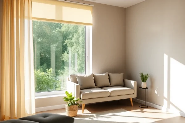 Wabenplissee im stilvollen Wohnzimmer, das sanftes Licht filtert und eine gemütliche Atmosphäre schafft.