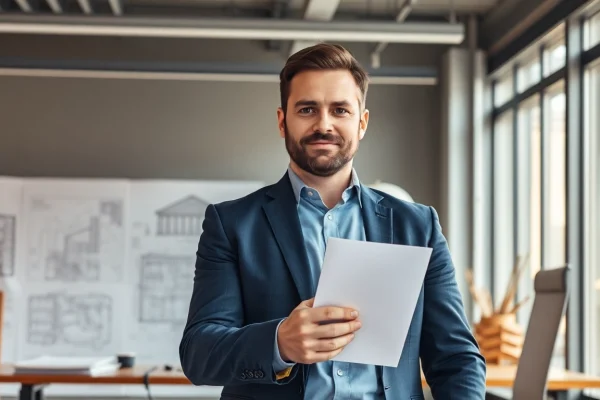 Headhunter Baubranche präsentiert Lebenslauf in modernem Büro mit Bauplänen.