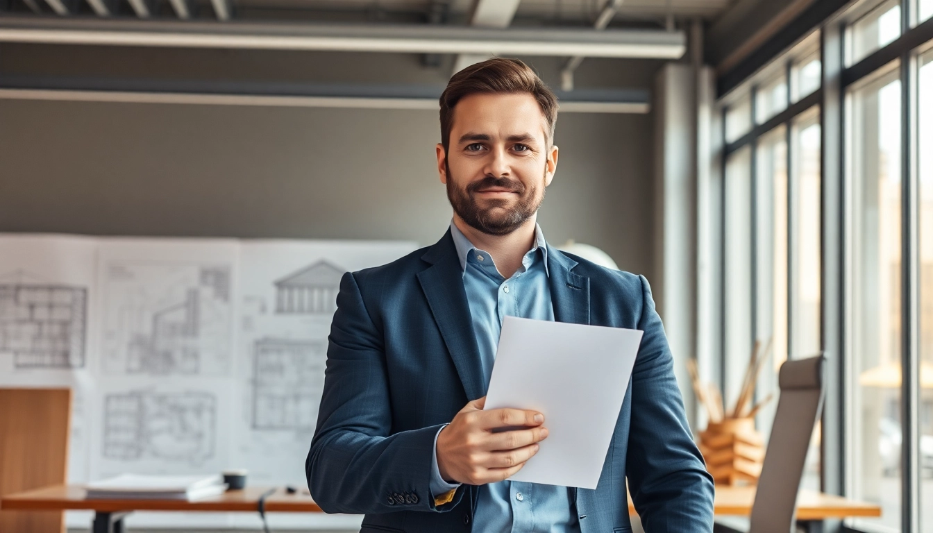 Headhunter Baubranche präsentiert Lebenslauf in modernem Büro mit Bauplänen.