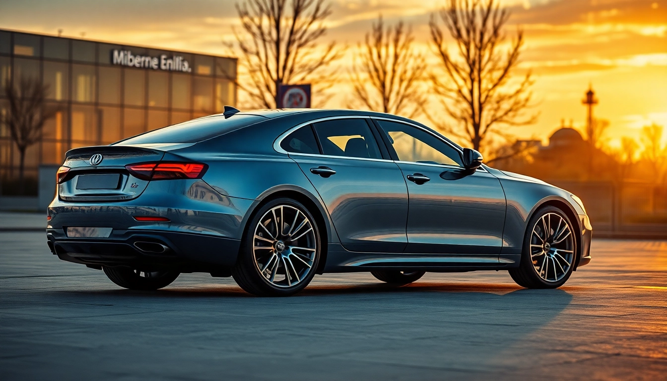 Zeige ein elegantes Auto mit PPF Kosten München in luxuriöser Umgebung bei Sonnenuntergang.