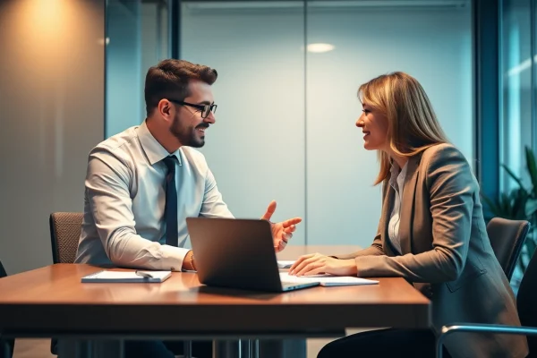 Headhunter Sales im modernen Büro – Beratungsgespräch zwischen Headhunter und Kandidat.