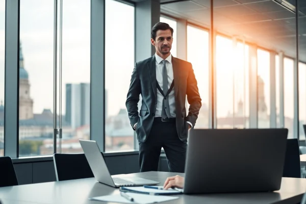 Headhunter München diskutiert mit einem Kandidaten in einem modernen Büro.