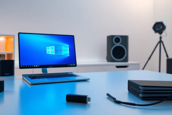 Laden Sie die Windows 11 Pro Vollversion Download an einem modernen Arbeitsplatz herunter, mit Laptop und Zubehör.