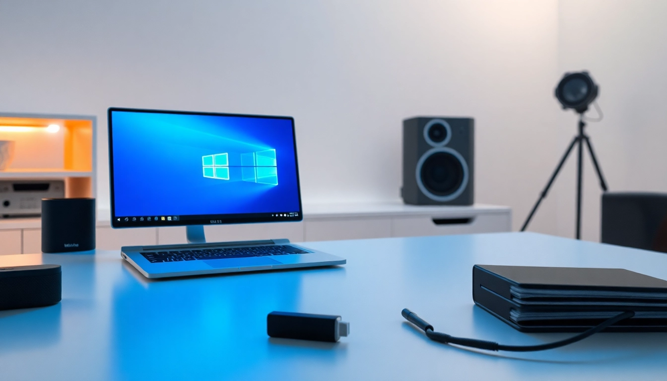 Laden Sie die Windows 11 Pro Vollversion Download an einem modernen Arbeitsplatz herunter, mit Laptop und Zubehör.