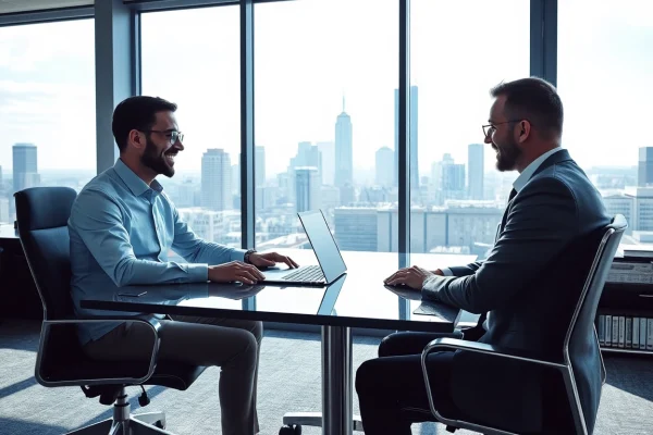 Headhunter IT interagiert mit einem Kandidaten im modernen Büro.