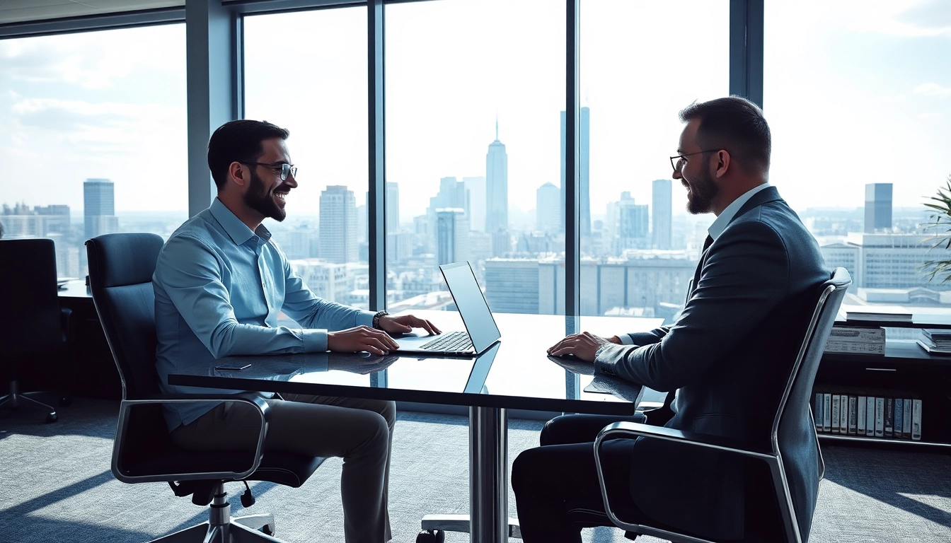Headhunter IT interagiert mit einem Kandidaten im modernen Büro.