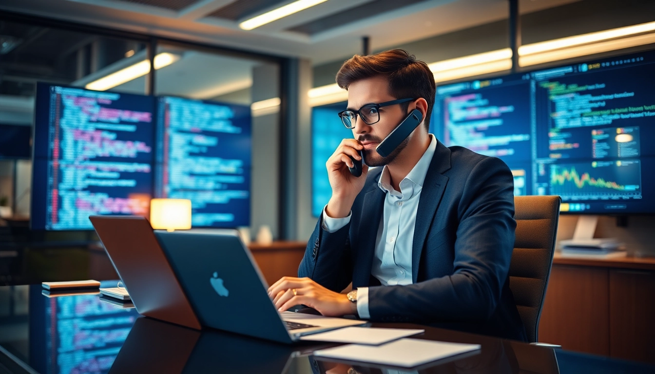 Headhunter IT berät einen Kandidaten am Schreibtisch in einem modernen Büro.