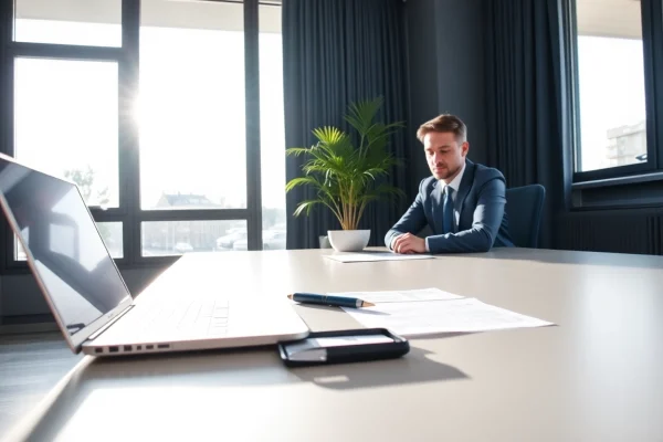 Professioneller Headhunter Gastronomie bei der Arbeit, überblickt Dokumente in elegantem Büro.