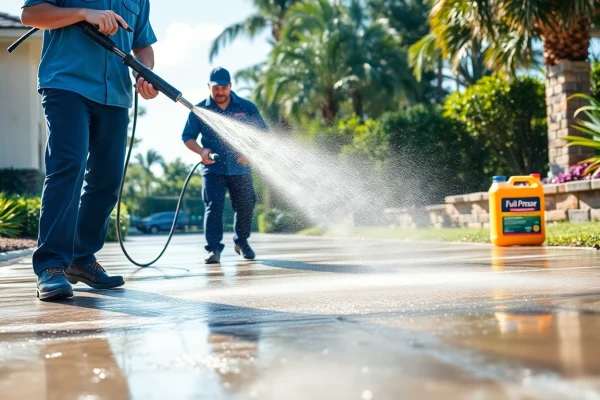 Driveway pressure wash service transforming a dirty driveway into a spotless surface in Kissimmee, Florida.