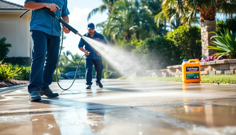 Driveway pressure wash service transforming a dirty driveway into a spotless surface in Kissimmee, Florida.