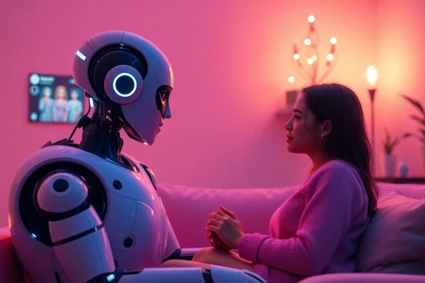 Engage with an AI sex bot in a warm, inviting atmosphere showcasing emotional connection and futuristic design.