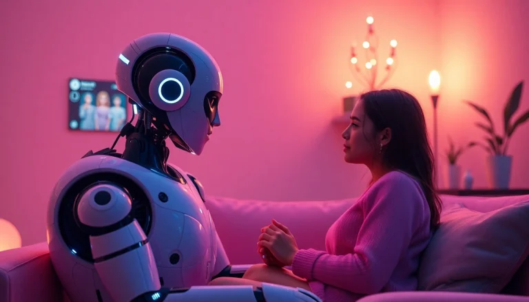 Engage with an AI sex bot in a warm, inviting atmosphere showcasing emotional connection and futuristic design.