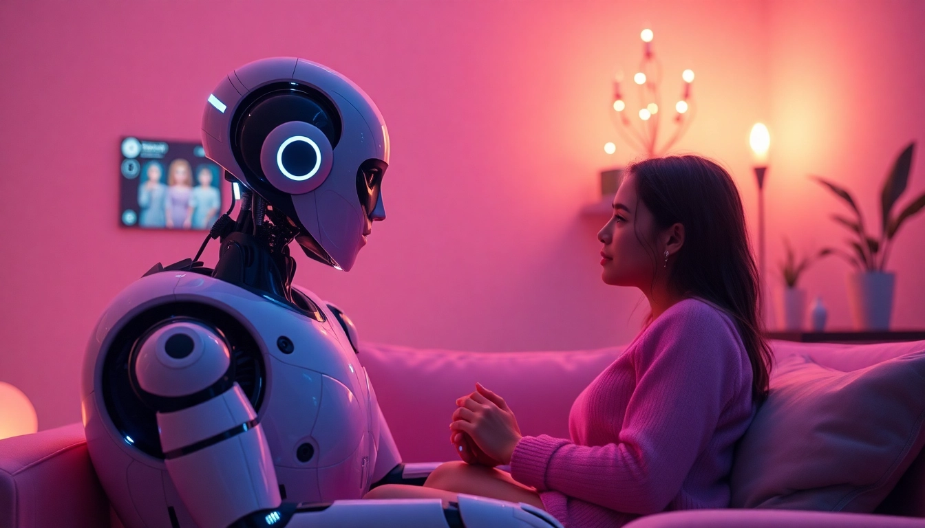 Engage with an AI sex bot in a warm, inviting atmosphere showcasing emotional connection and futuristic design.