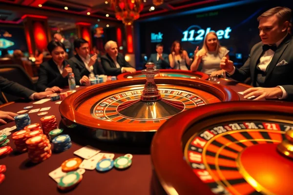 Experience the thrill of gaming at 12bet's luxurious casino, featuring vibrant roulette and poker elements.