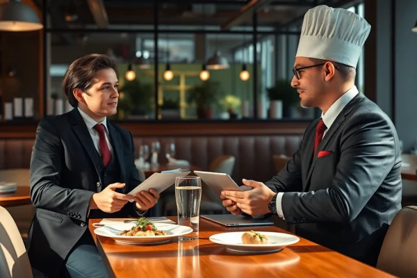 Professioneller Headhunter Gastronomie im Gespräch mit einem Restaurantmanager in einem modernen Gastronomiebetrieb.