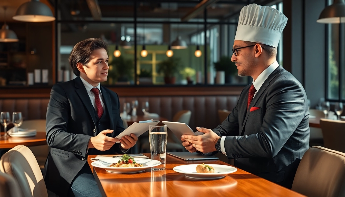 Professioneller Headhunter Gastronomie im Gespräch mit einem Restaurantmanager in einem modernen Gastronomiebetrieb.