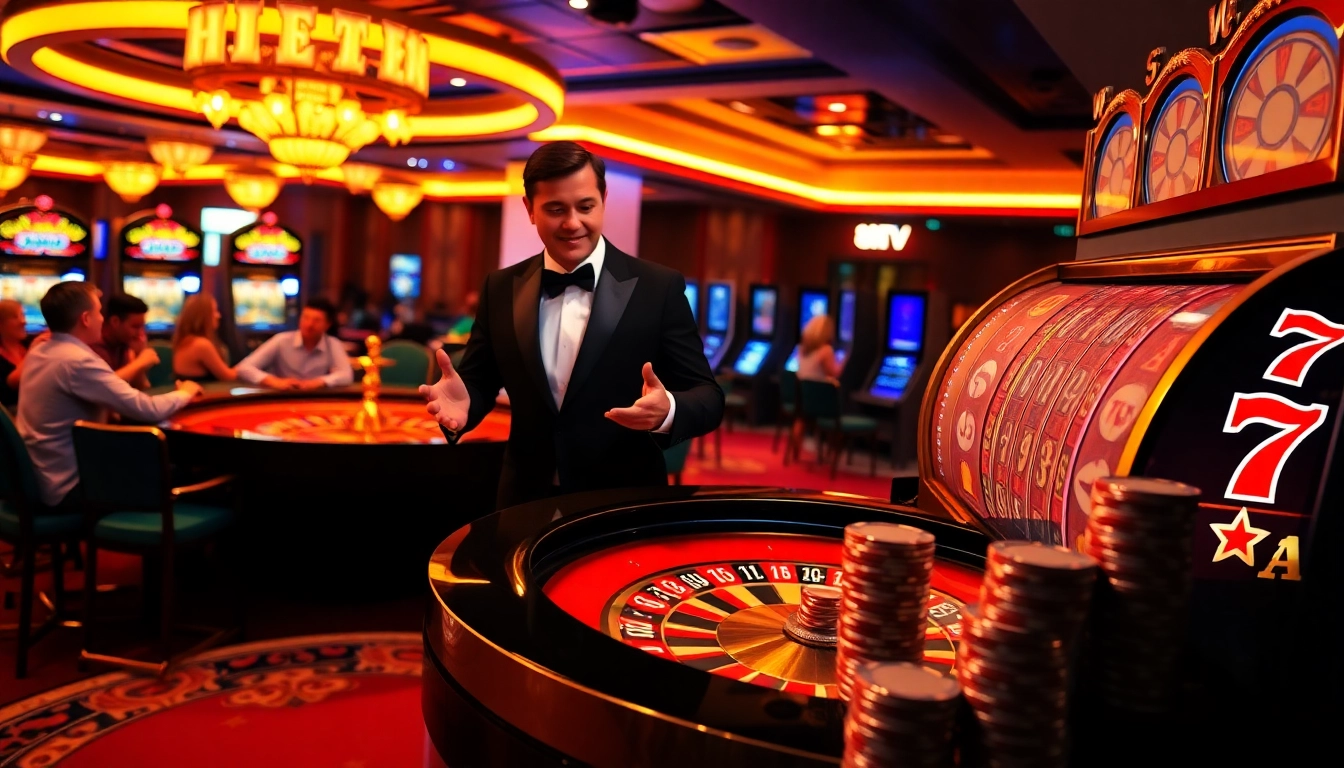 Hướng dẫn 28bet at a luxurious casino showcasing an exciting roulette game and slot machines.