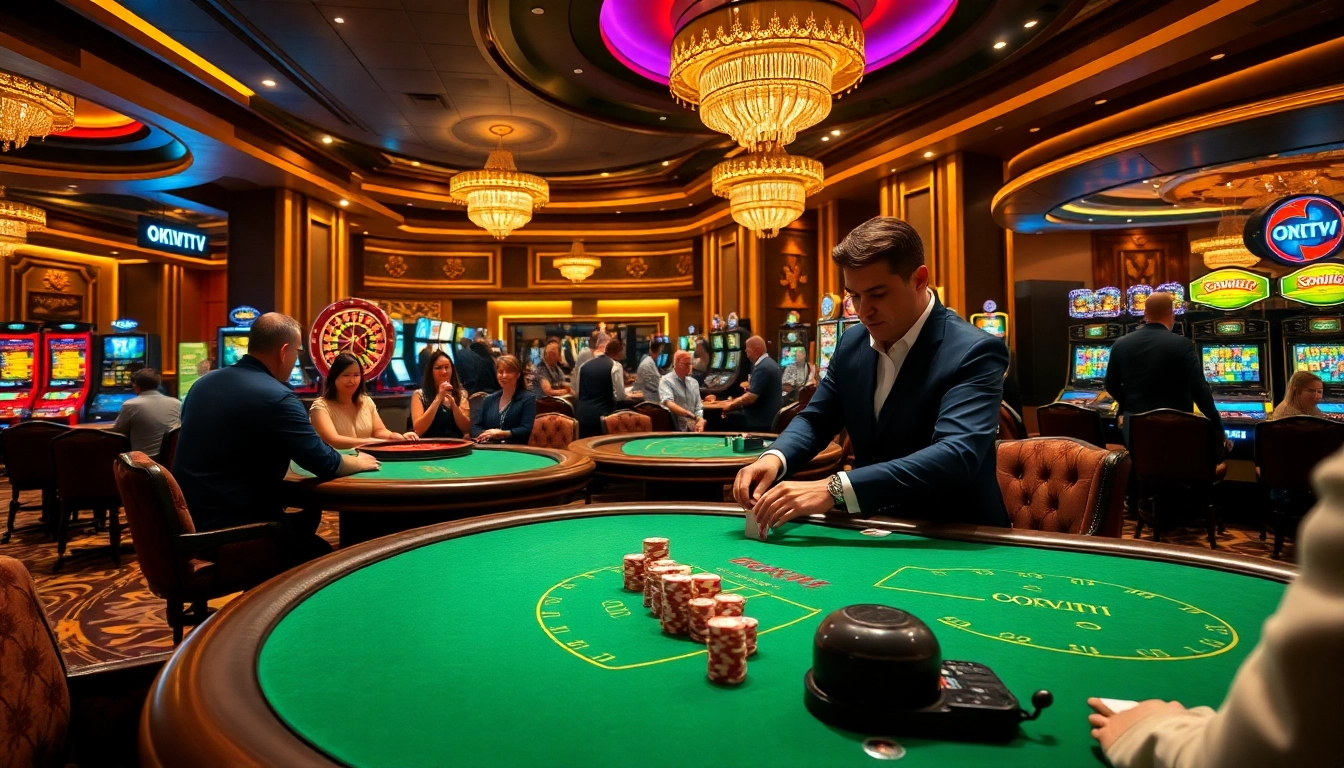 Players enjoying a lively casino atmosphere at OKVIPTV.COM, featuring poker tables and roulette wheels.