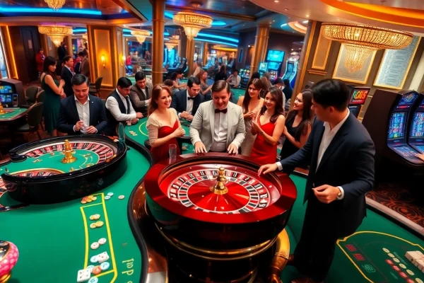 RR88 players enjoying a thrilling moment at a luxurious casino table with chips and cards.