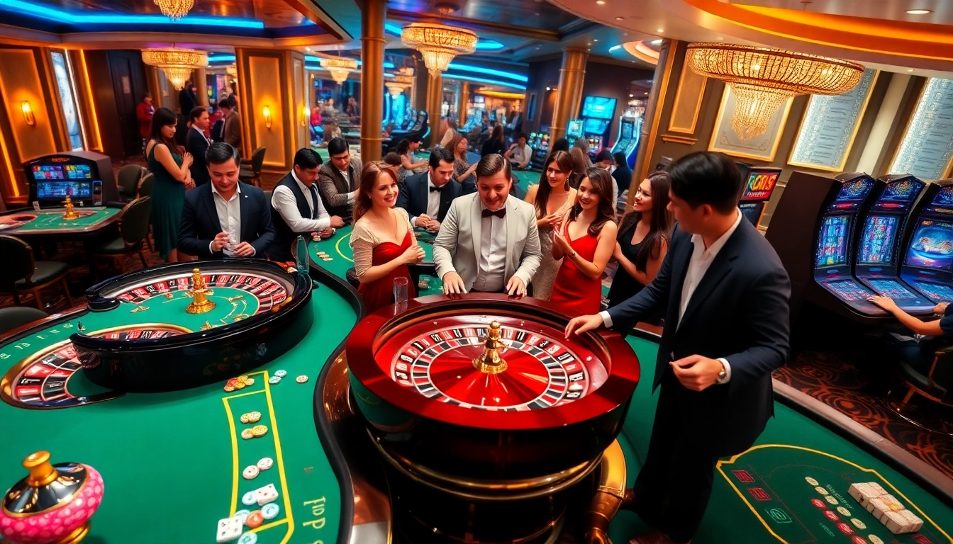 RR88 players enjoying a thrilling moment at a luxurious casino table with chips and cards.