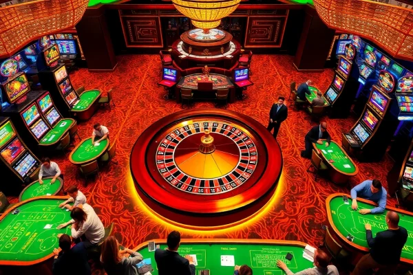 Engaging gamblers playing at QQ88 casino tables with vibrant roulette wheel and slot machines.