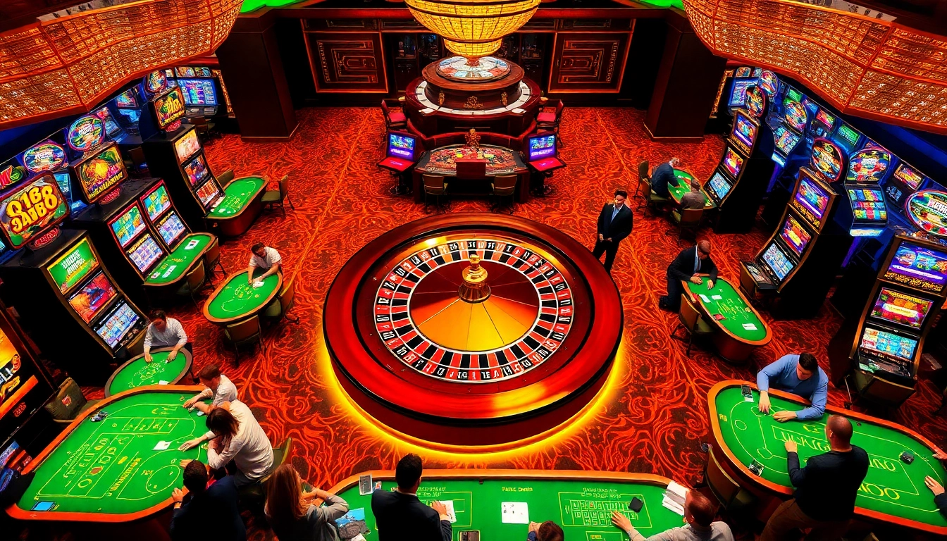 Engaging gamblers playing at QQ88 casino tables with vibrant roulette wheel and slot machines.