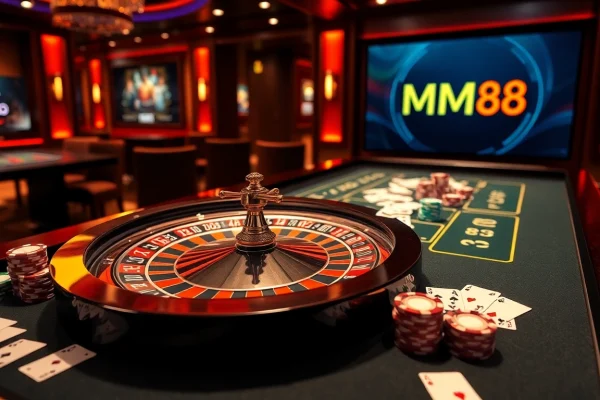 Engage in thrilling MM88 casino action with a vibrant roulette table and lively gambling atmosphere.