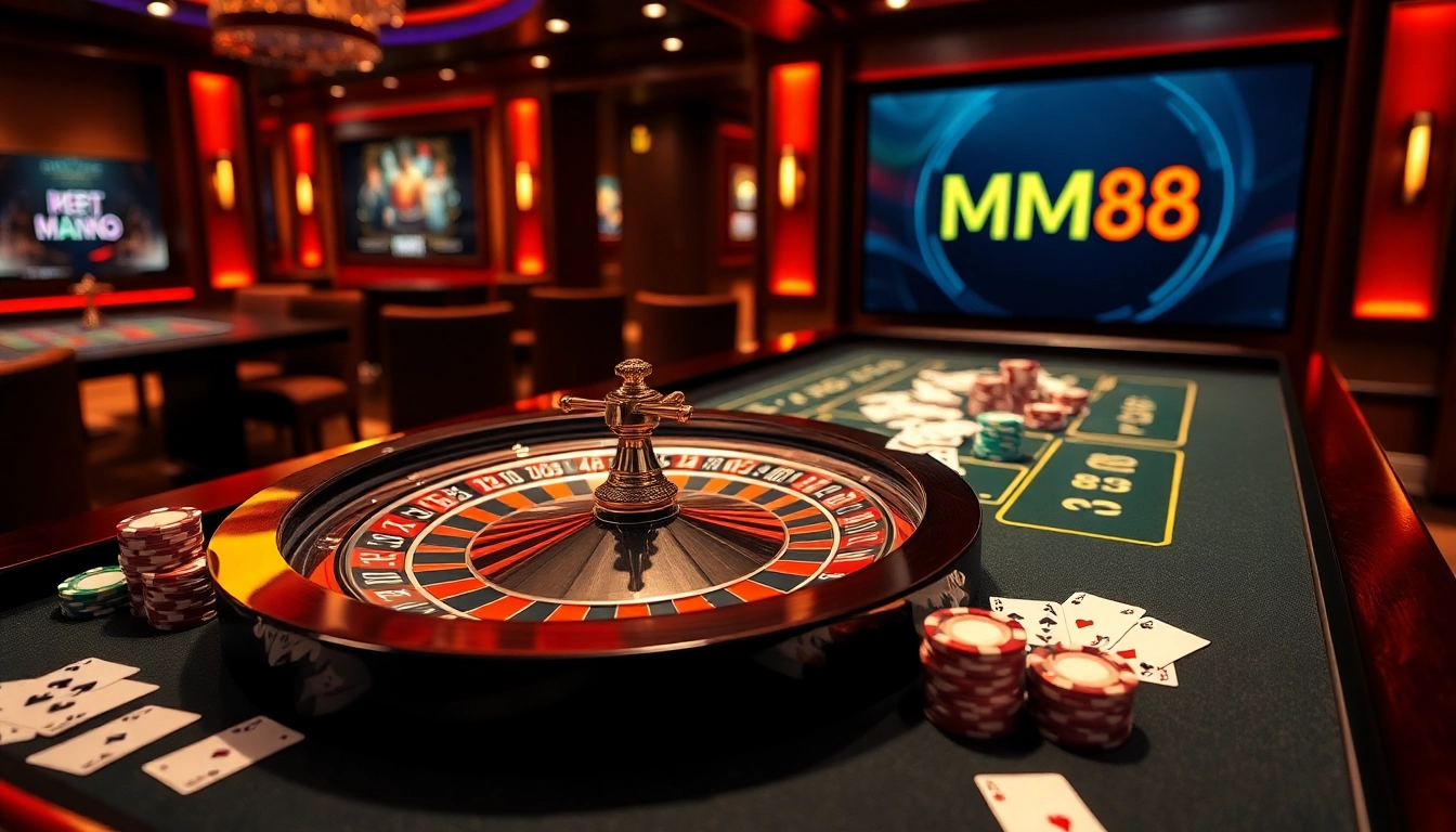 Engage in thrilling MM88 casino action with a vibrant roulette table and lively gambling atmosphere.