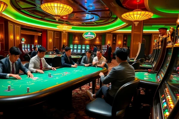 A scene of excitement in a casino featuring poker tables and slot machines, representing rr88wang.com.