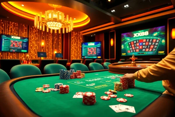 Experience the thrill of high-stakes poker at XX88 casino, with vibrant chips and stunning roulette.