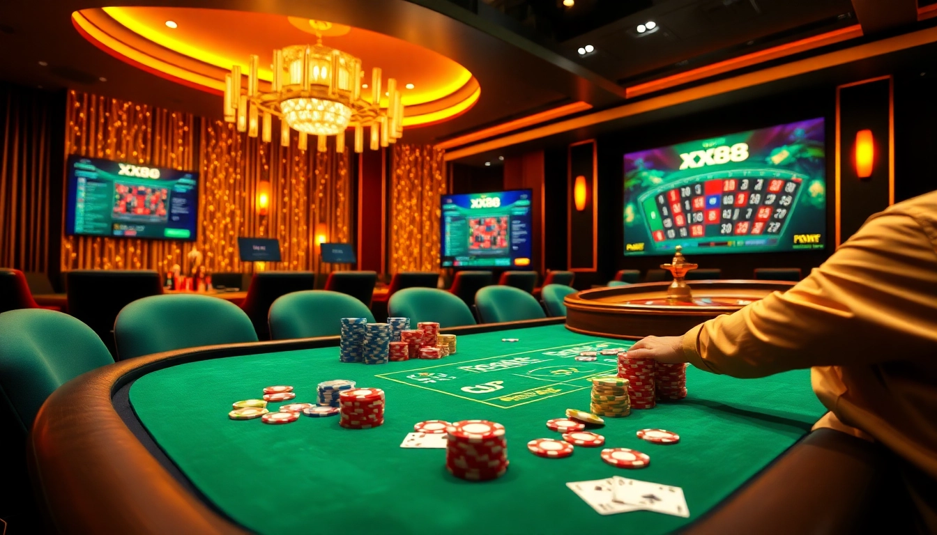 Experience the thrill of high-stakes poker at XX88 casino, with vibrant chips and stunning roulette.