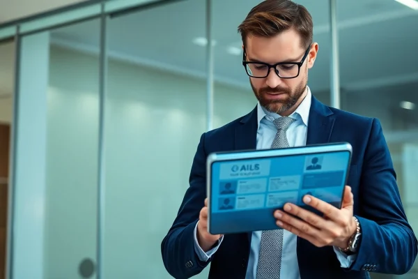 Headhunter IT interacting with tech data in a modern office.