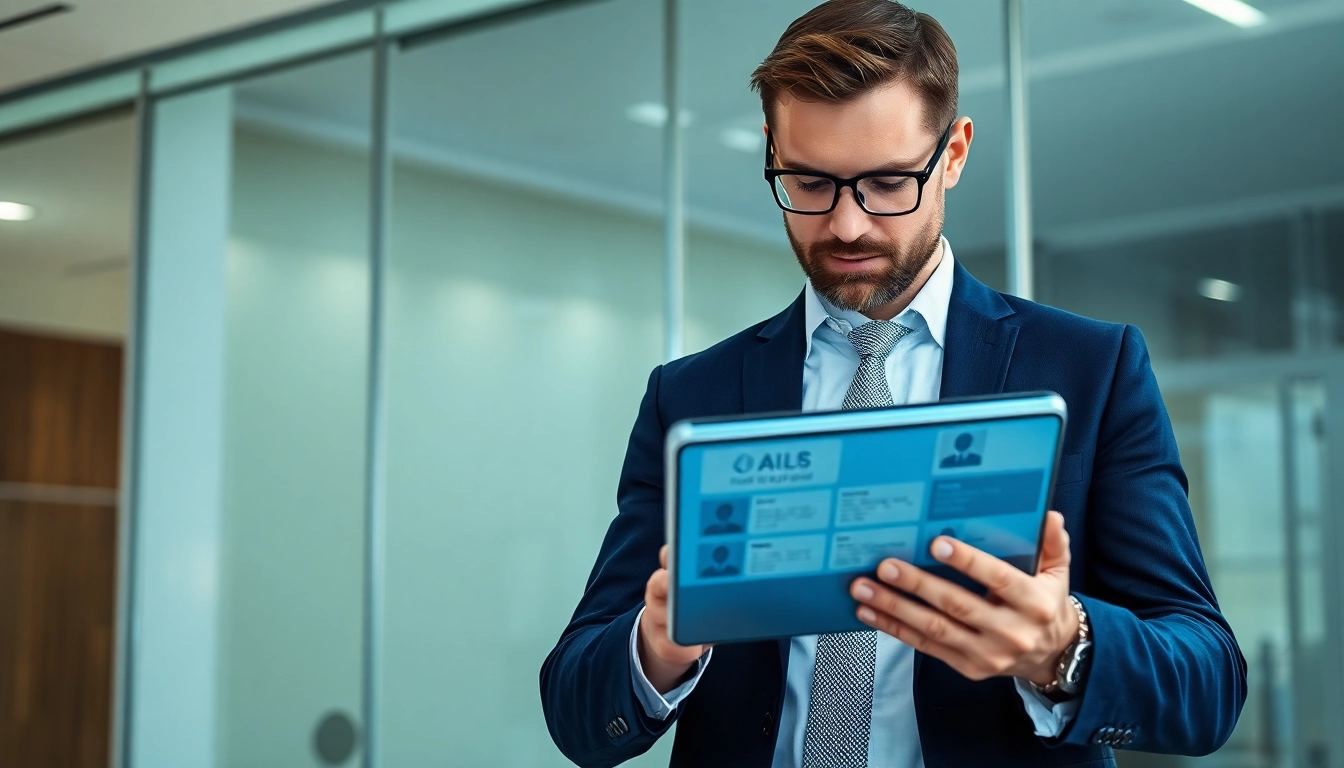 Headhunter IT interacting with tech data in a modern office.