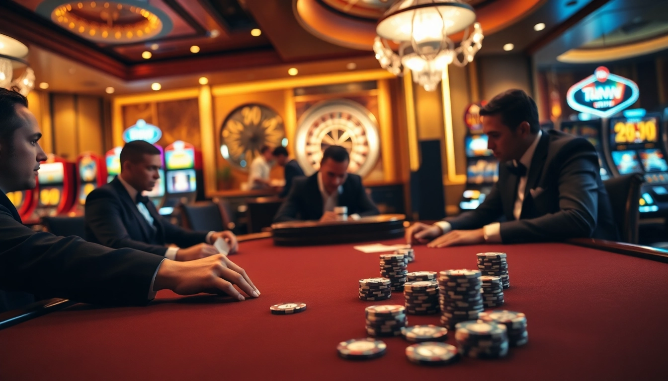 Erleben Sie das NV-Casino-Feeling mit einem luxuriösen Pokertisch und bunten Spielautomaten.