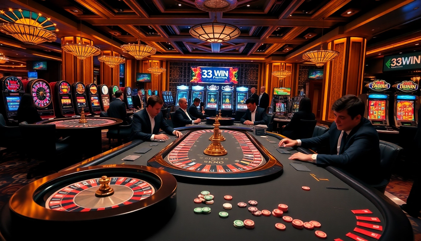 Casino scene showcasing 33WIN with poker tables, roulette wheels, and vibrant slot machines.